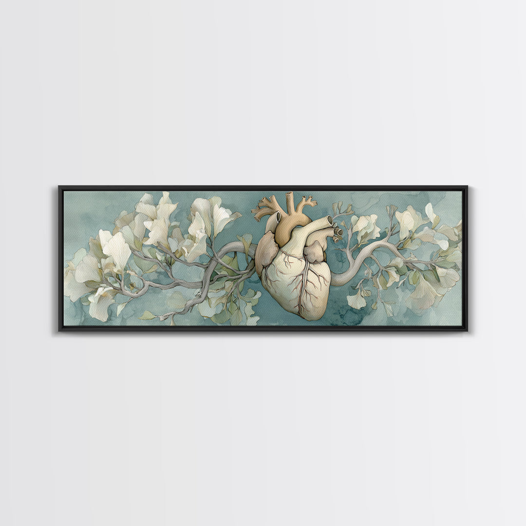 Anatomical Heart Rendered as Tasteful Botanical Art Canvas Print, Medical Office Art, Minimalist Art, Office Decor, Calm, MOA-3x1-5