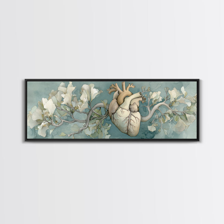 Anatomical Heart Rendered as Tasteful Botanical Art Canvas Print, Medical Office Art, Minimalist Art, Office Decor, Calm, MOA-3x1-5
