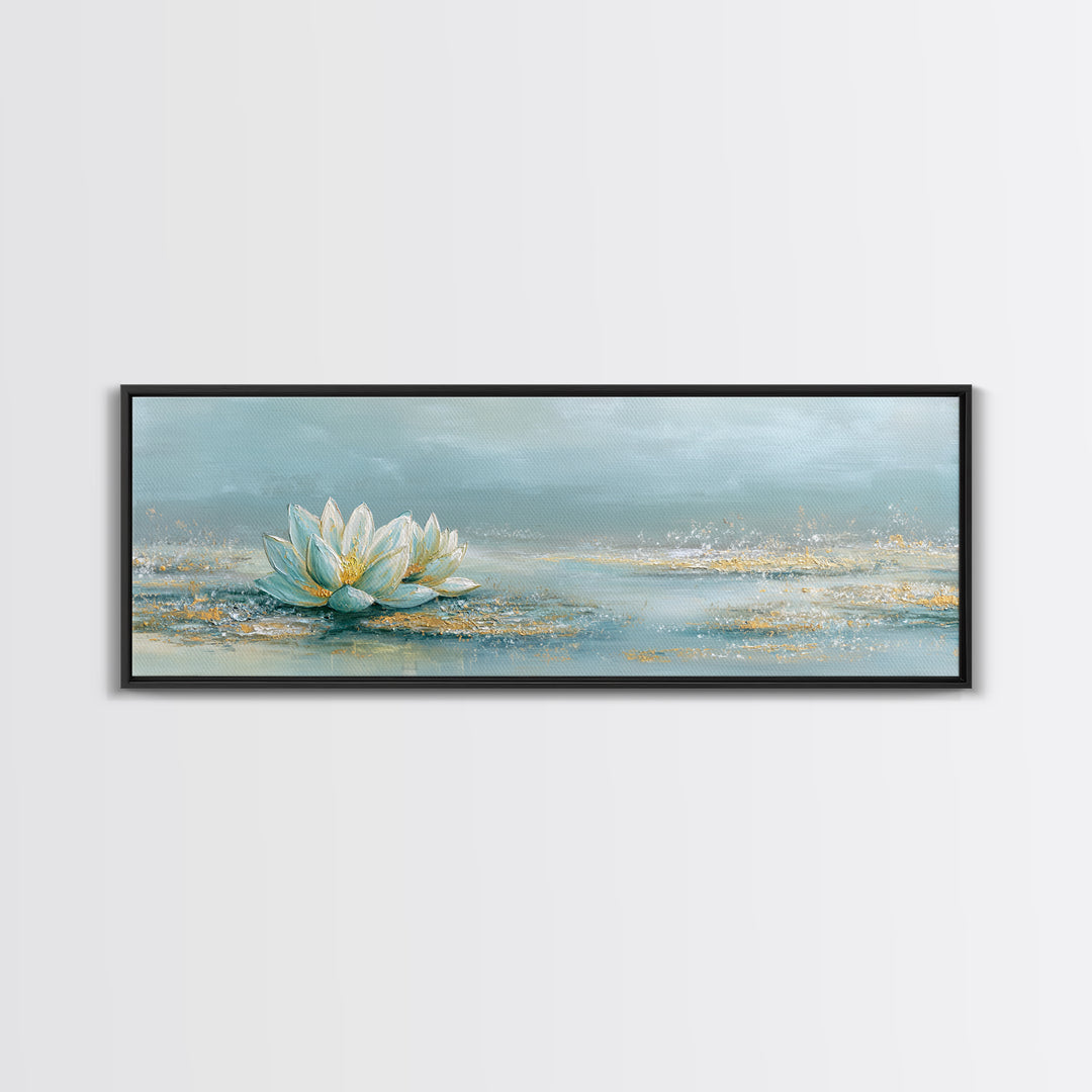 Lotus Flower Floating on Still Water Framed Canvas Print, Medical Office Art, Office Decor, Oil Painting, Calm, MOA-3x1-51