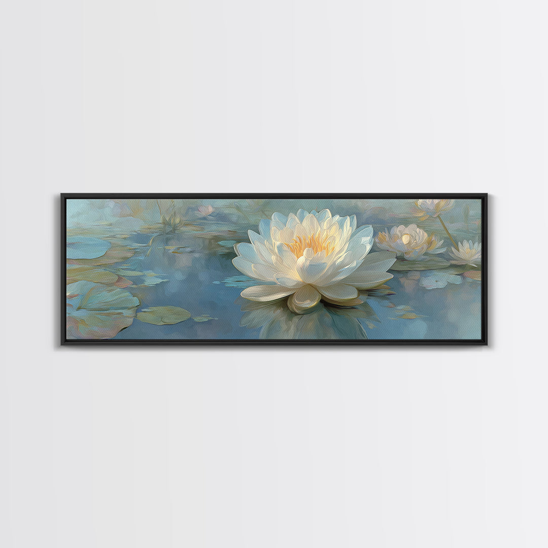 Lotus Flower Floating on Still Water Canvas Print, Medical Office Art, Teal Wall Art, Office Decor, Watercolor Art, Calm, MOA-3x1-75