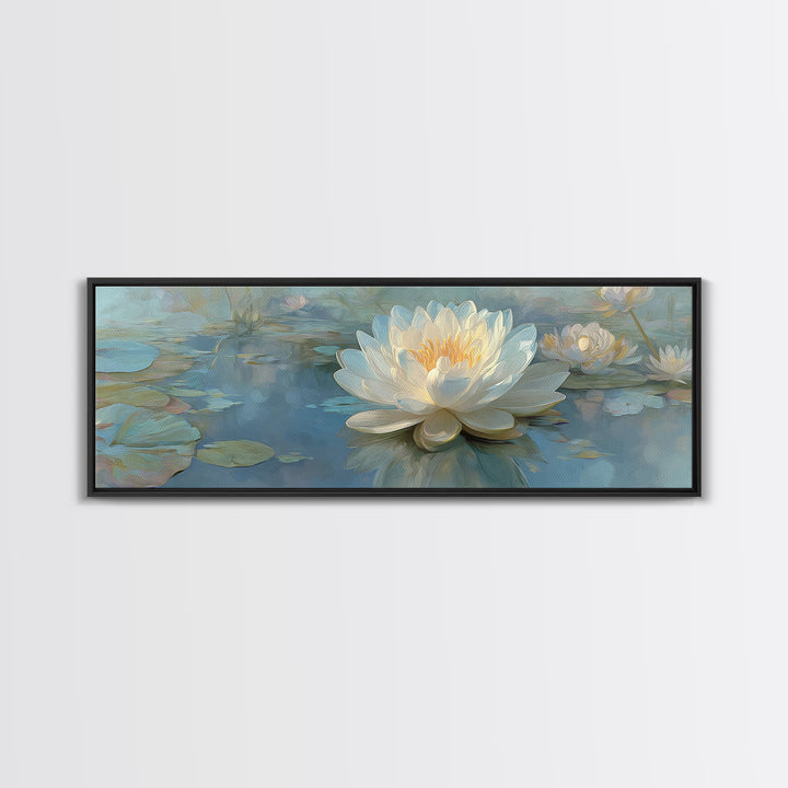 Lotus Flower Floating on Still Water Canvas Print, Medical Office Art, Teal Wall Art, Office Decor, Watercolor Art, Calm, MOA-3x1-75