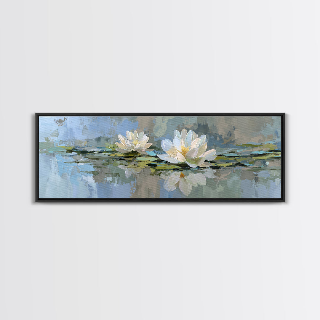 Lotus Flower Floating on Still Water Framed Canvas Print, Medical Office Art, Office Decor, Oil Painting, Calm, MOA-3x1-99