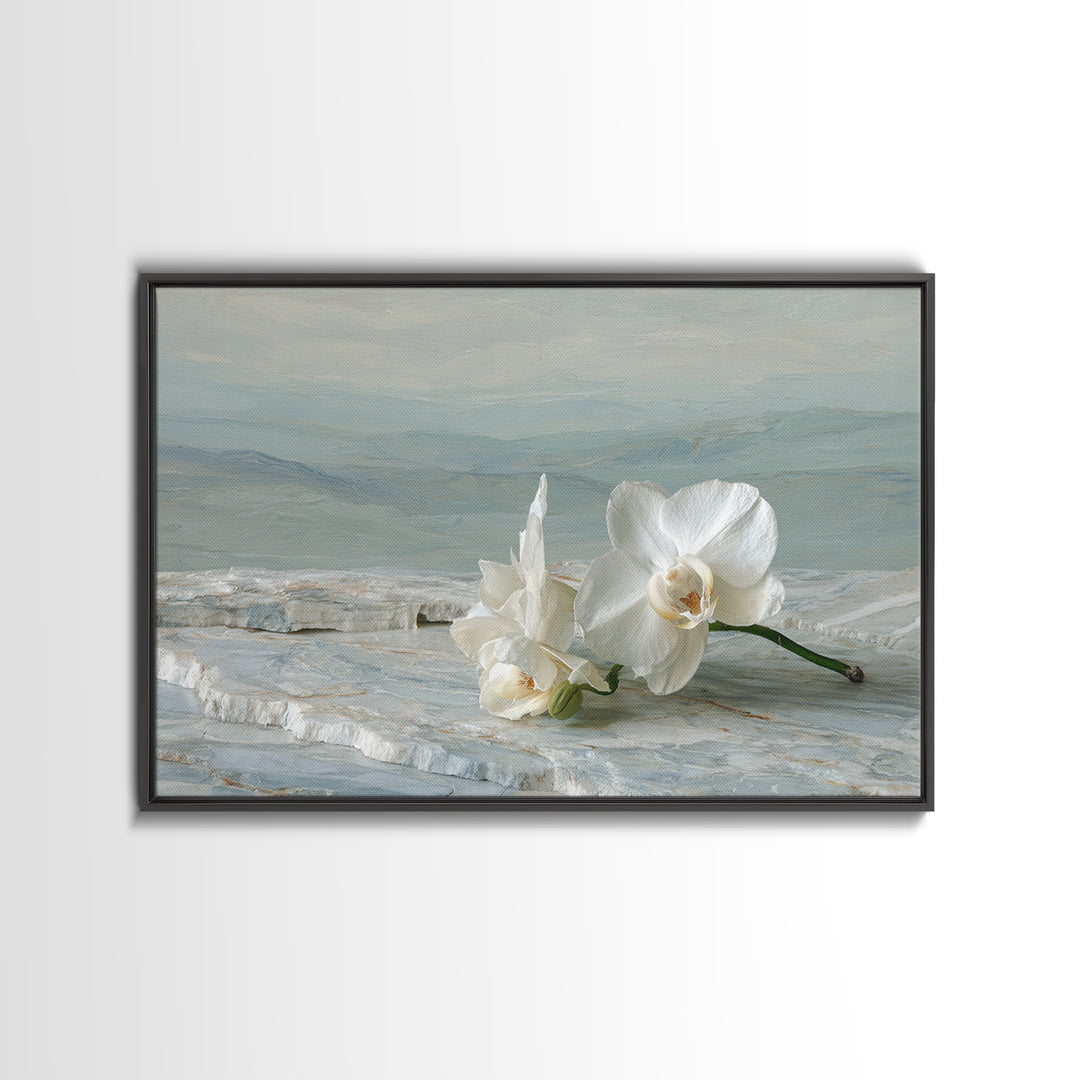 White Orchid on Gray Stone Surface Framed Canvas Print, Medical Office Art, Animal Art, Office Decor, Fine Art, Calm, MOA-3x2-10