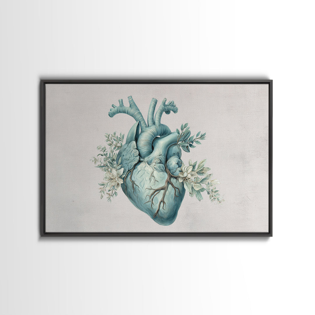 Anatomical Heart Rendered as Tasteful Botanical Art Framed Canvas Print, Medical Office Art, Anatomy Art, Office Decor, Calm, MOA-3x2-65