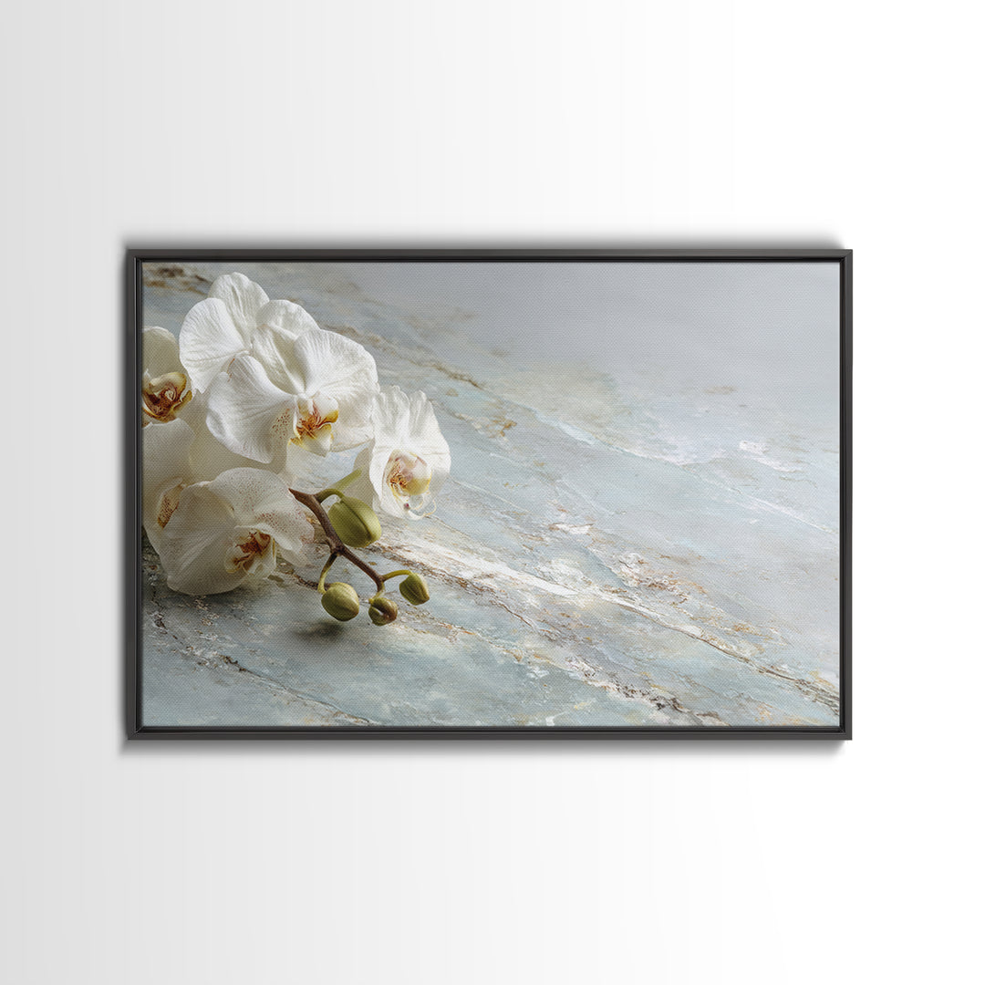 White Orchid on Gray Stone Surface Framed Canvas Print, Medical Office Art, Brain Art, Office Decor, Oil Painting, Calm, MOA-3x2-82