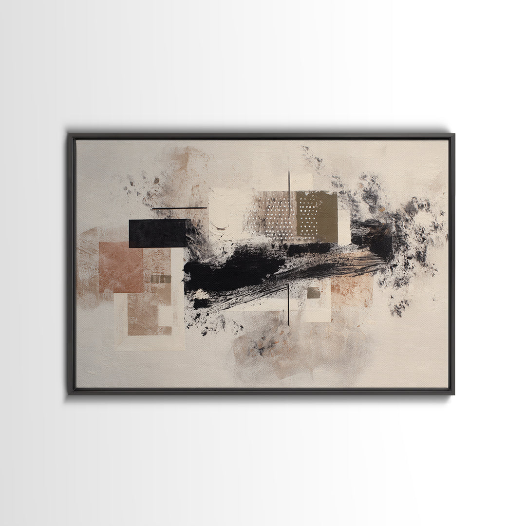 Dynamic Black Brush Marks on Neutral Ground Framed Canvas Print, Modern Art, Fine Art Print, Living Room Decor, Modern, MOD-3x2-87