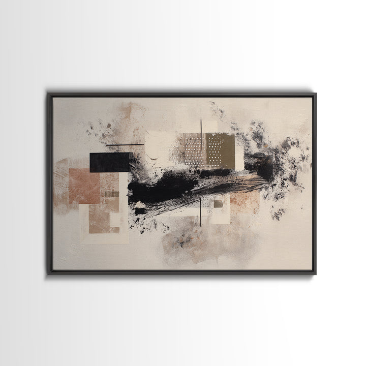Dynamic Black Brush Marks on Neutral Ground Framed Canvas Print, Modern Art, Fine Art Print, Living Room Decor, Modern, MOD-3x2-87