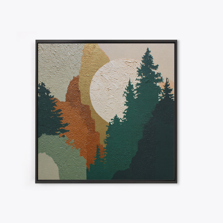 Deep Green Forest Silhouette Study Framed Canvas Print, Monochrome Art, Minimalist Wall Art, Living Room Decor, Fine Art, Mono, MON-1x1-37