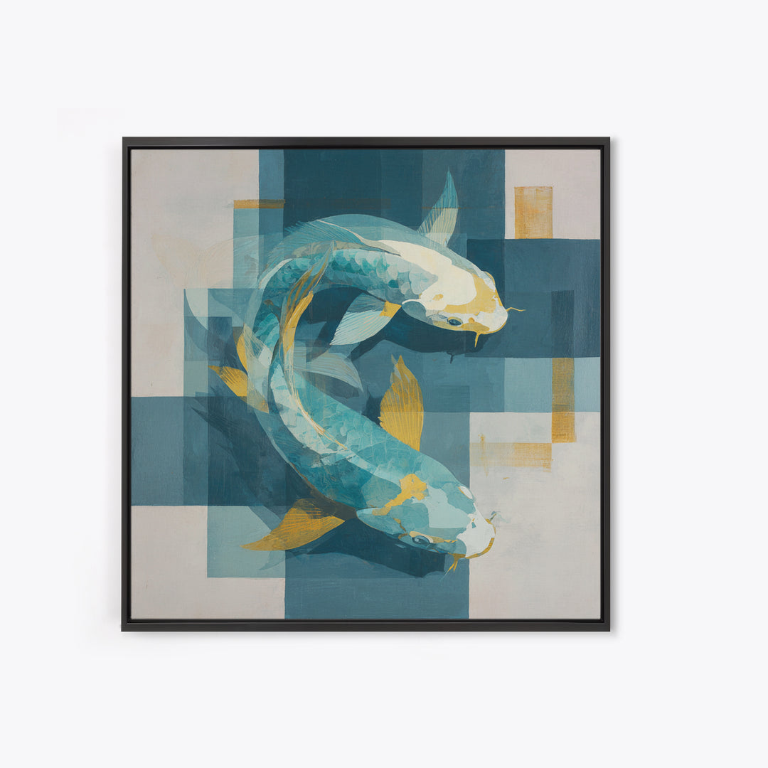 Teal Koi Fish on Tonal Water Framed Canvas Print, Monochrome Art, Gallery Decor, Living Room Decor, Fine Art, Mono, MON-1x1-41