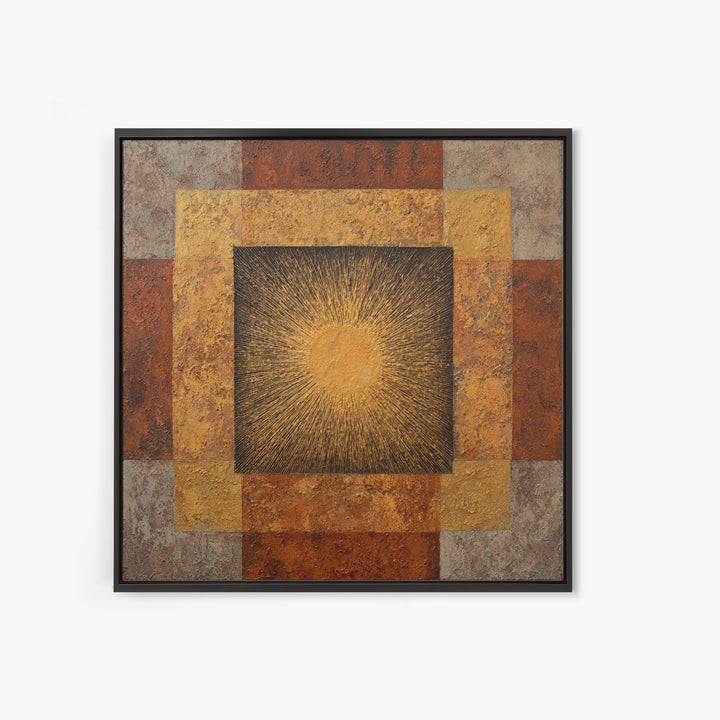 Gold Tonal Sunburst Medallion Framed Canvas Print, Monochrome Art, Wallpaper Mural, Living Room Decor, Fine Art, Mono, MON-1x1-62