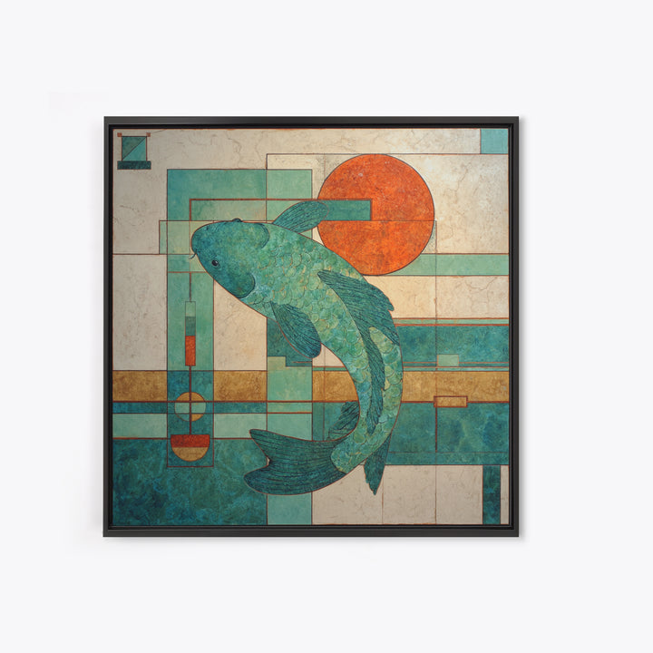 Teal Koi Fish on Tonal Water Framed Canvas Print, Monochrome Art, Gallery Decor, Living Room Decor, Fine Art, Mono, MON-1x1-65