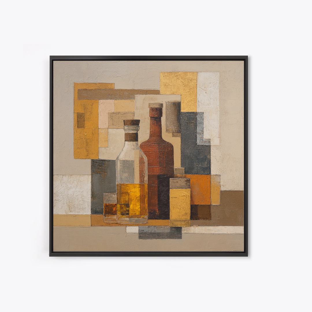 Brown Leather and Whiskey Still Life Framed Canvas Print, Monochrome Art, Abstract Painting, Living Room Decor, Fine Art, Mono, MON-1x1-71