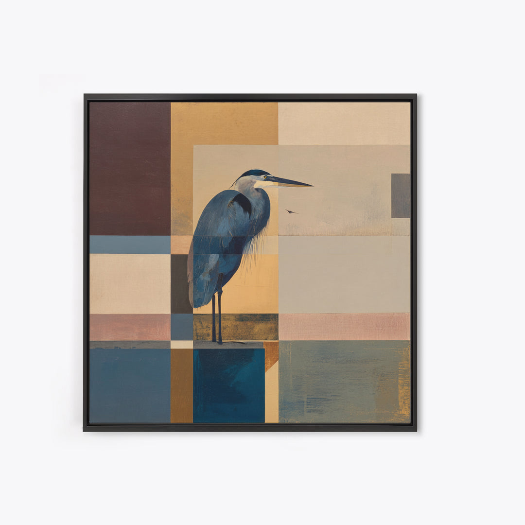 Blue Heron in Monochrome Navy Palette Framed Canvas Print, Monochrome Art, Mid Century Modern, Living Room Decor, Mono, MON-1x1-8