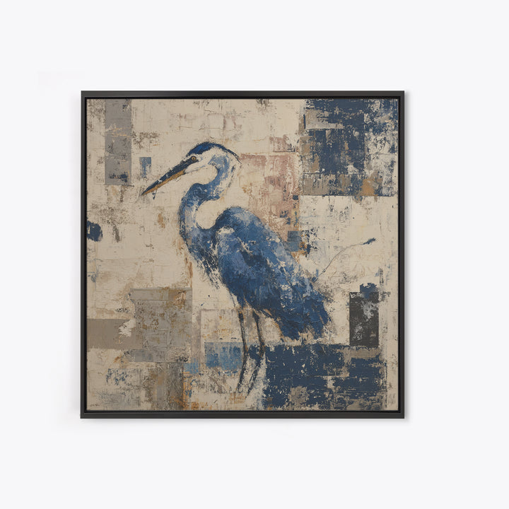 Blue Heron in Monochrome Navy Palette Framed Canvas Print, Monochrome Art, Neutral Decor, Living Room Decor, Fine Art, Mono, MON-1x1-80
