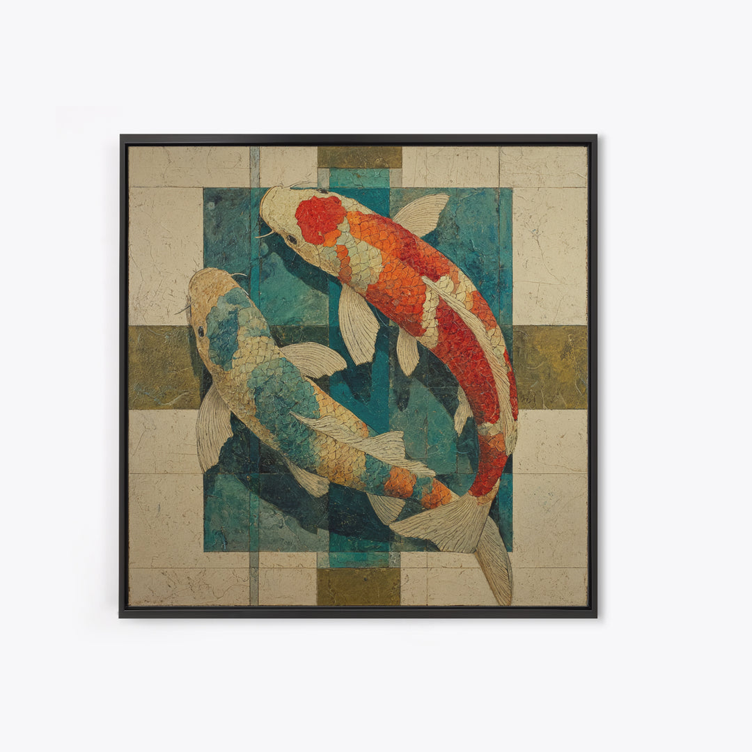 Teal Koi Fish on Tonal Water Canvas Print, Monochrome Art, Boho Decor, Living Room Decor, Fine Art, Mono, Digital Art, MON-1x1-89
