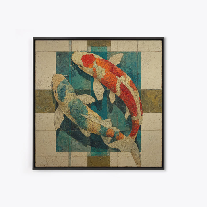 Teal Koi Fish on Tonal Water Canvas Print, Monochrome Art, Boho Decor, Living Room Decor, Fine Art, Mono, Digital Art, MON-1x1-89