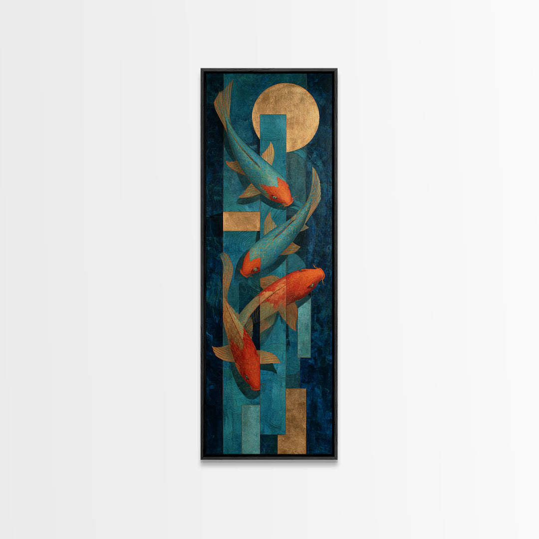Teal Koi Fish on Tonal Water Framed Canvas Print, Monochrome Art, Neutral Decor, Living Room Decor, Fine Art, Mono, Home Decor, MON-1x3-53
