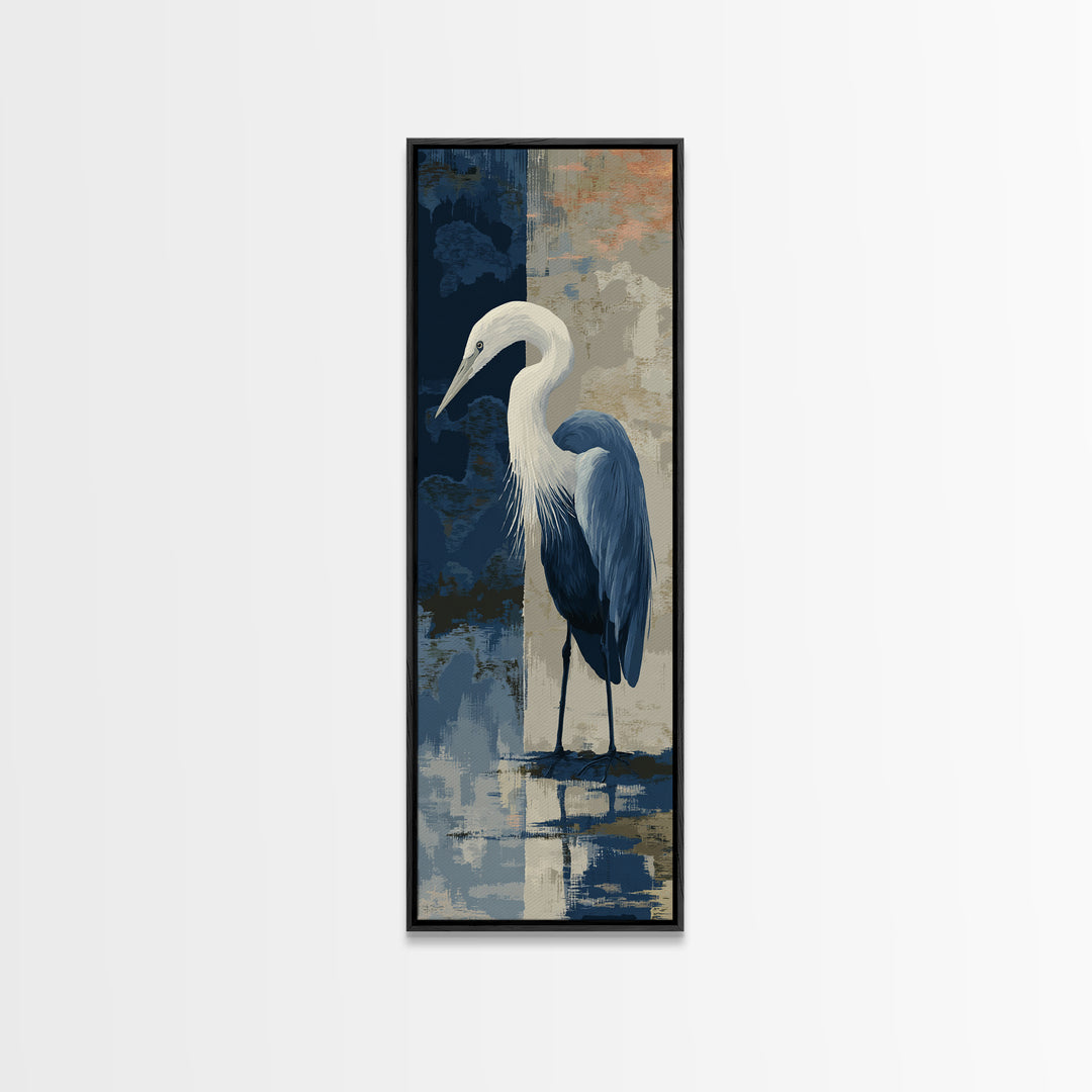 Blue Heron in Monochrome Navy Palette Framed Canvas Print, Monochrome Art, Apartment Decor, Living Room Decor, Fine Art, Mono, MON-1x3-92