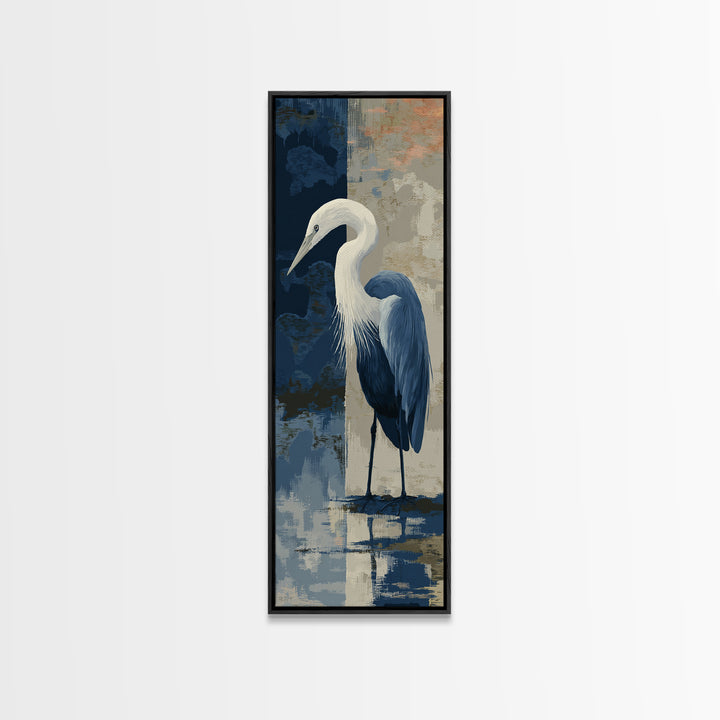 Blue Heron in Monochrome Navy Palette Framed Canvas Print, Monochrome Art, Apartment Decor, Living Room Decor, Fine Art, Mono, MON-1x3-92
