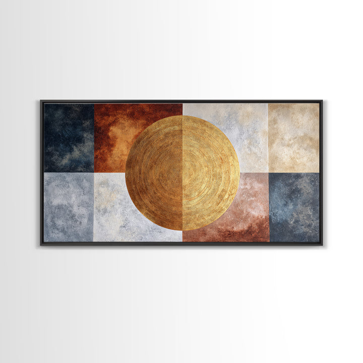 Gold Tonal Sunburst Medallion Framed Canvas Print, Monochrome Art, Luxury Decor, Living Room Decor, Fine Art, Mono, MON-2x1-10
