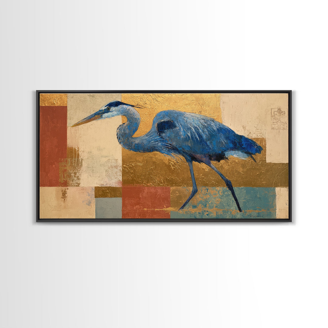 Blue Heron in Monochrome Navy Palette Framed Canvas Print, Monochrome Art, Dopamine Decor, Living Room Decor, Fine Art, Mono, MON-2x1-100