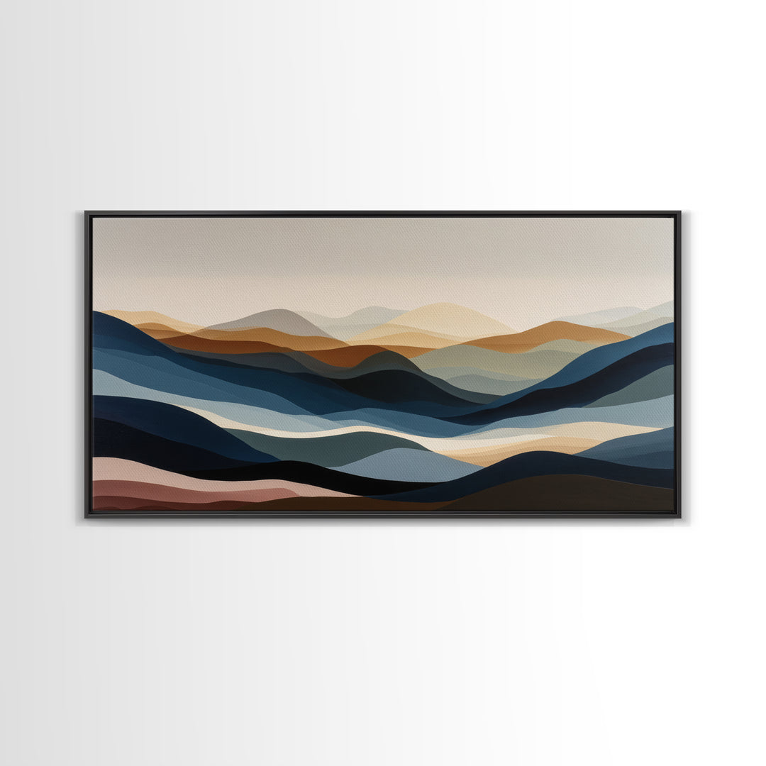 Blue Mountain Ridge Layers Framed Canvas Print, Monochrome Art, Fine Art Print, Living Room Decor, Watercolor Art, Mono, MON-2x1-20