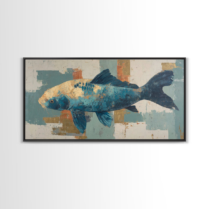 Teal Koi Fish on Tonal Water Framed Canvas Print, Monochrome Art, Minimalist Decor, Living Room Decor, Fine Art, Mono, MON-2x1-37