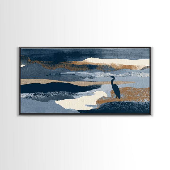 Blue Heron in Monochrome Navy Palette Canvas Print, Monochrome Art, Boho Decor, Living Room Decor, Fine Art, Mono, Art Print, MON-2x1-4