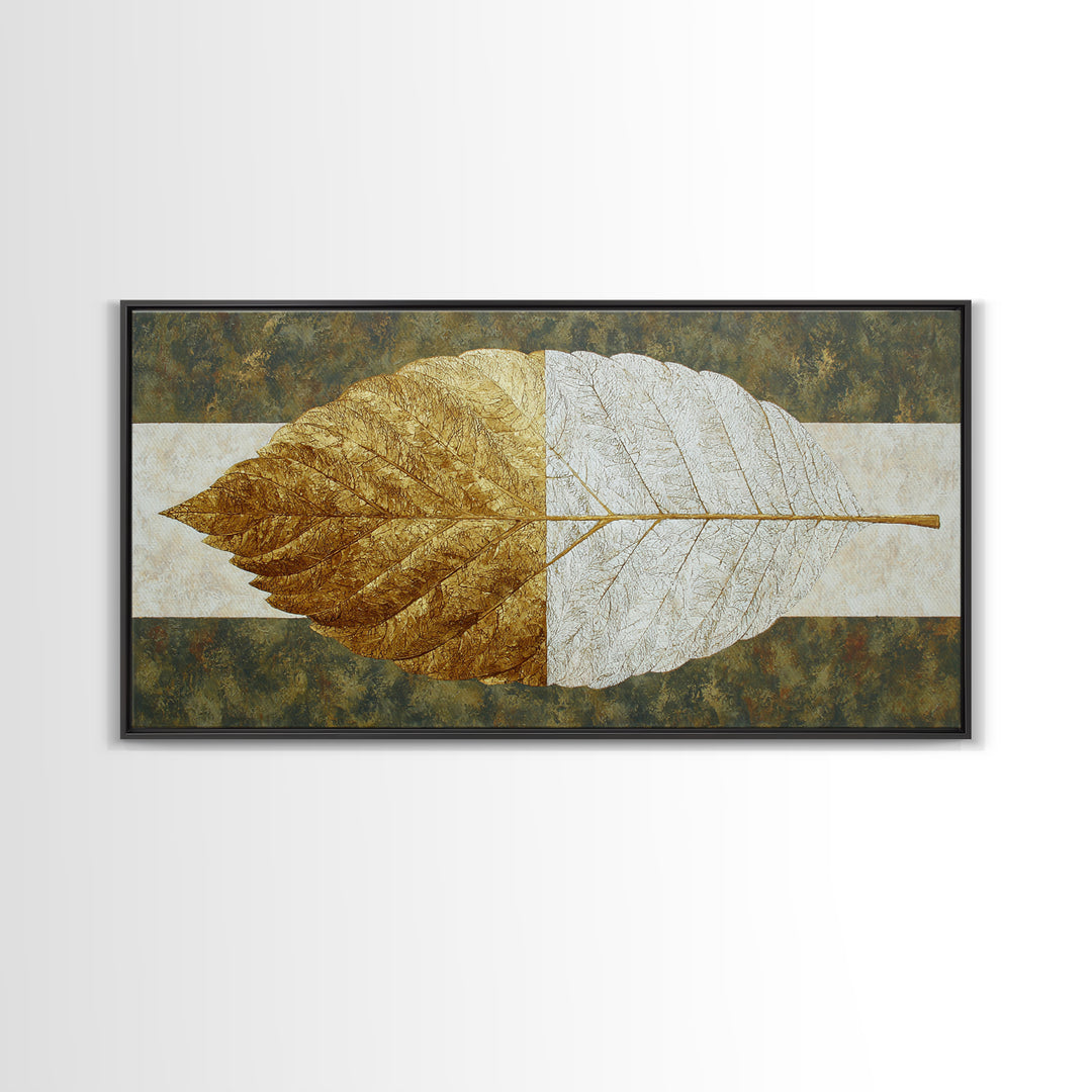 Olive Green Abstract Leaf Pattern Framed Canvas Print, Monochrome Art, Home Decor, Living Room Decor, Fine Art, Mono, MON-2x1-40