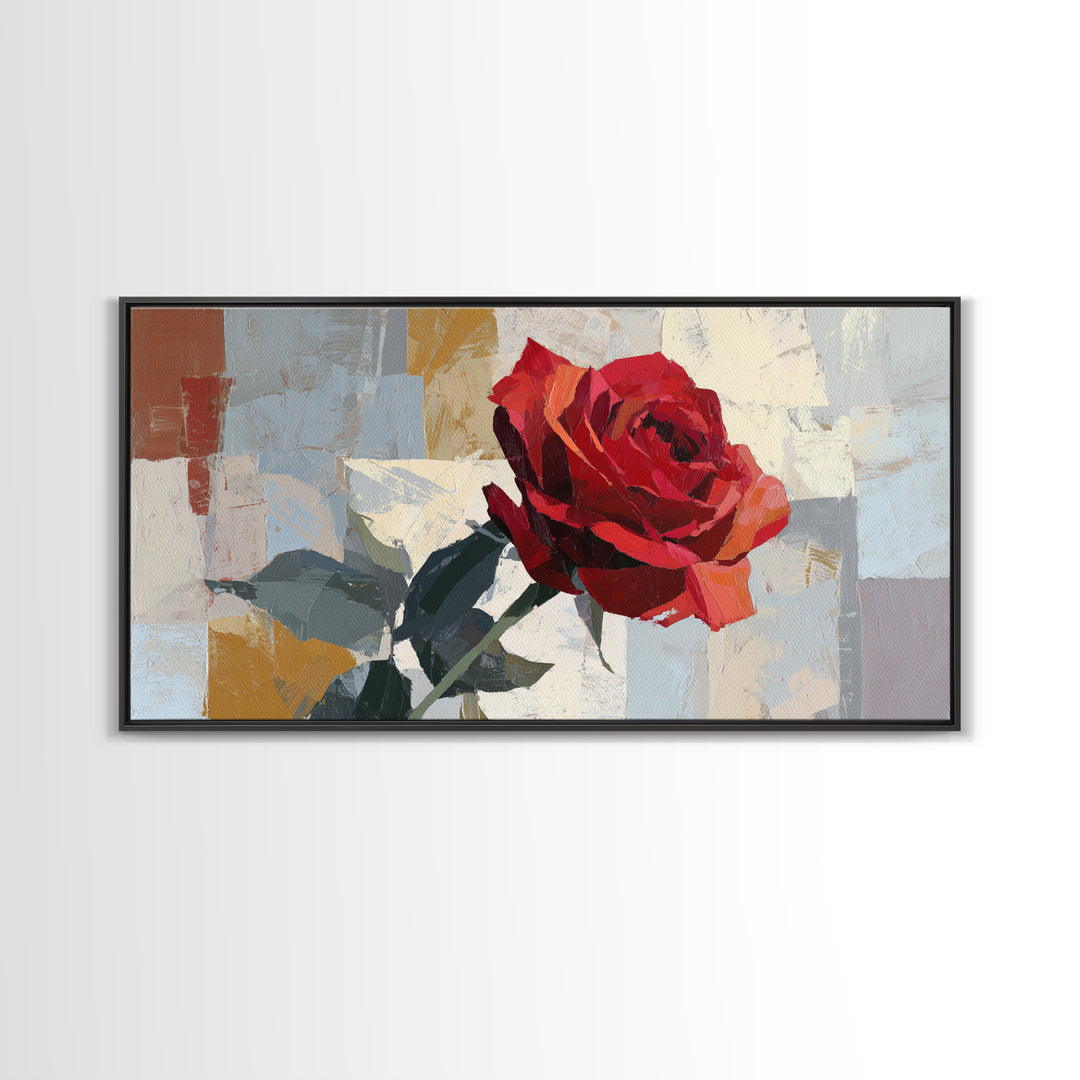 Single Red Rose Rendered Only Framed Canvas Print, Monochrome Art, Abstract Art, Living Room Decor, Watercolor Art, Mono, MON-2x1-51