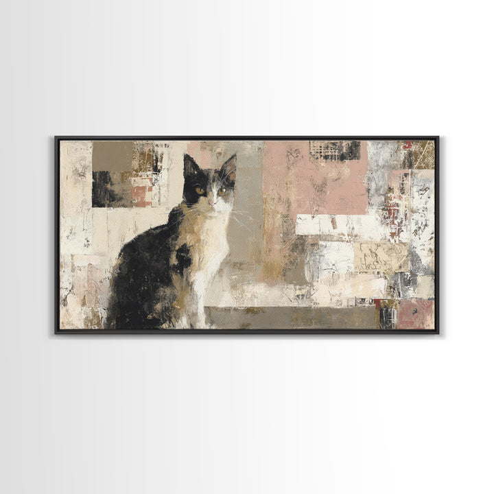 Monochrome Cat Portrait Framed Canvas Print, Monochrome Art, Bedroom Decor, Living Room Decor, Mono, Abstract Painting, MON-2x1-55