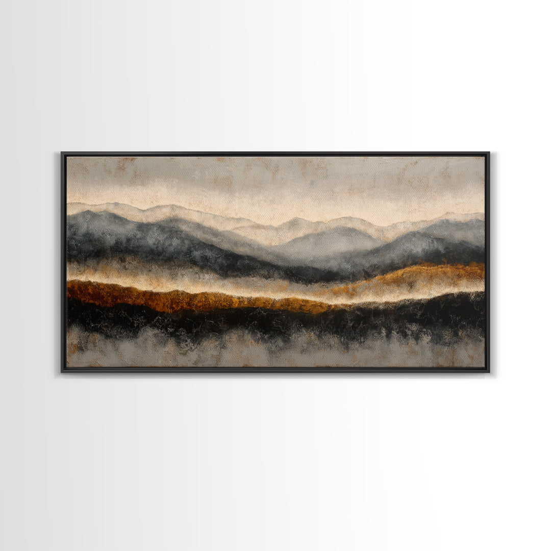 Charcoal Mountain Landscape Framed Canvas Print, Monochrome Art, Original Painting, Living Room Decor, Fine Art, Mono, MON-2x1-72