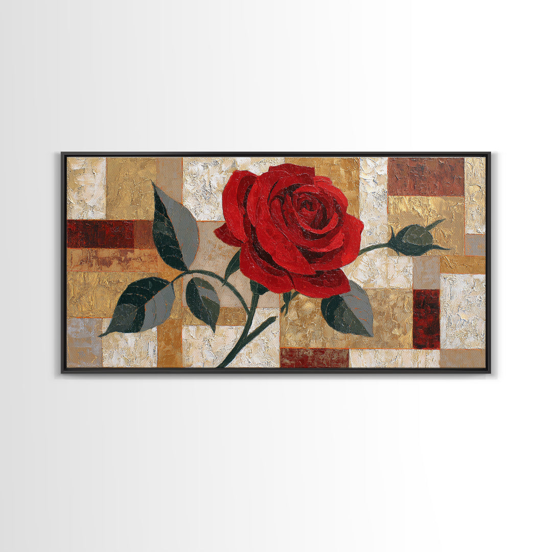 Single Red Rose Rendered Only Framed Canvas Print, Monochrome Art, Statement Artwork, Living Room Decor, Fine Art, Mono, MON-2x1-75