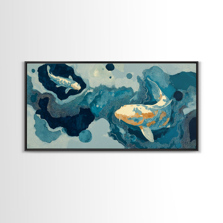 Teal Koi Fish on Tonal Water Framed Canvas Print, Monochrome Art, Digital Wall Art, Living Room Decor, Fine Art, Mono, MON-2x1-85