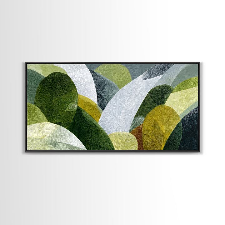 Olive Green Abstract Leaf Pattern Framed Canvas Print, Monochrome Art, Abstract Art, Living Room Decor, Watercolor Art, Mono, MON-2x1-88