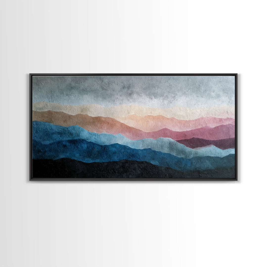 Blue Mountain Ridge Layers Framed Canvas Print, Monochrome Art, Bedroom Decor, Living Room Decor, Mono, Abstract Painting, MON-2x1-92