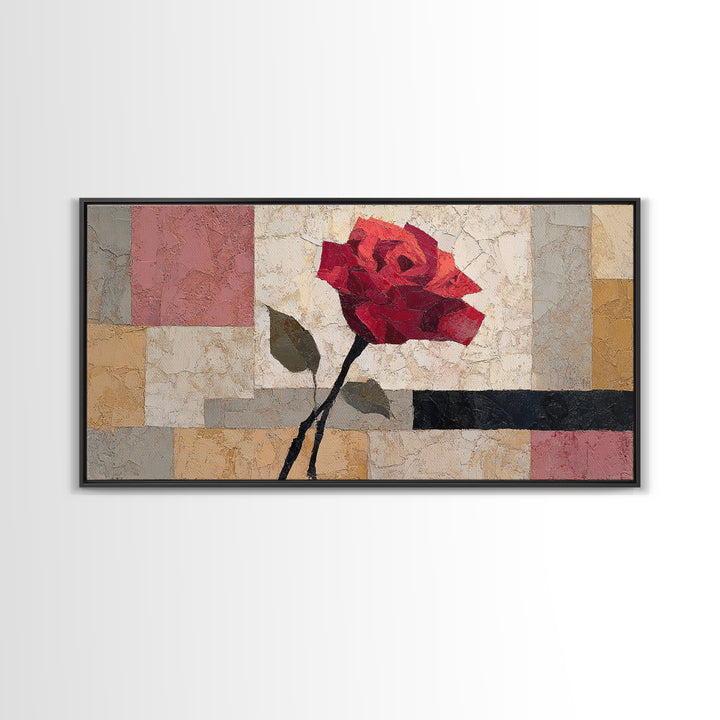 Single Red Rose Rendered Only Framed Canvas Print, Monochrome Art, Textured Wall Art, Living Room Decor, Fine Art, Mono, MON-2x1-99