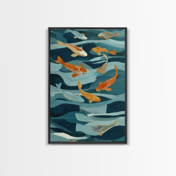 Teal Koi Fish on Tonal Water Framed Canvas Print, Monochrome Art, Wall Art, Living Room Decor, Fine Art, Mono, Abstract Art, MON-2x3-1