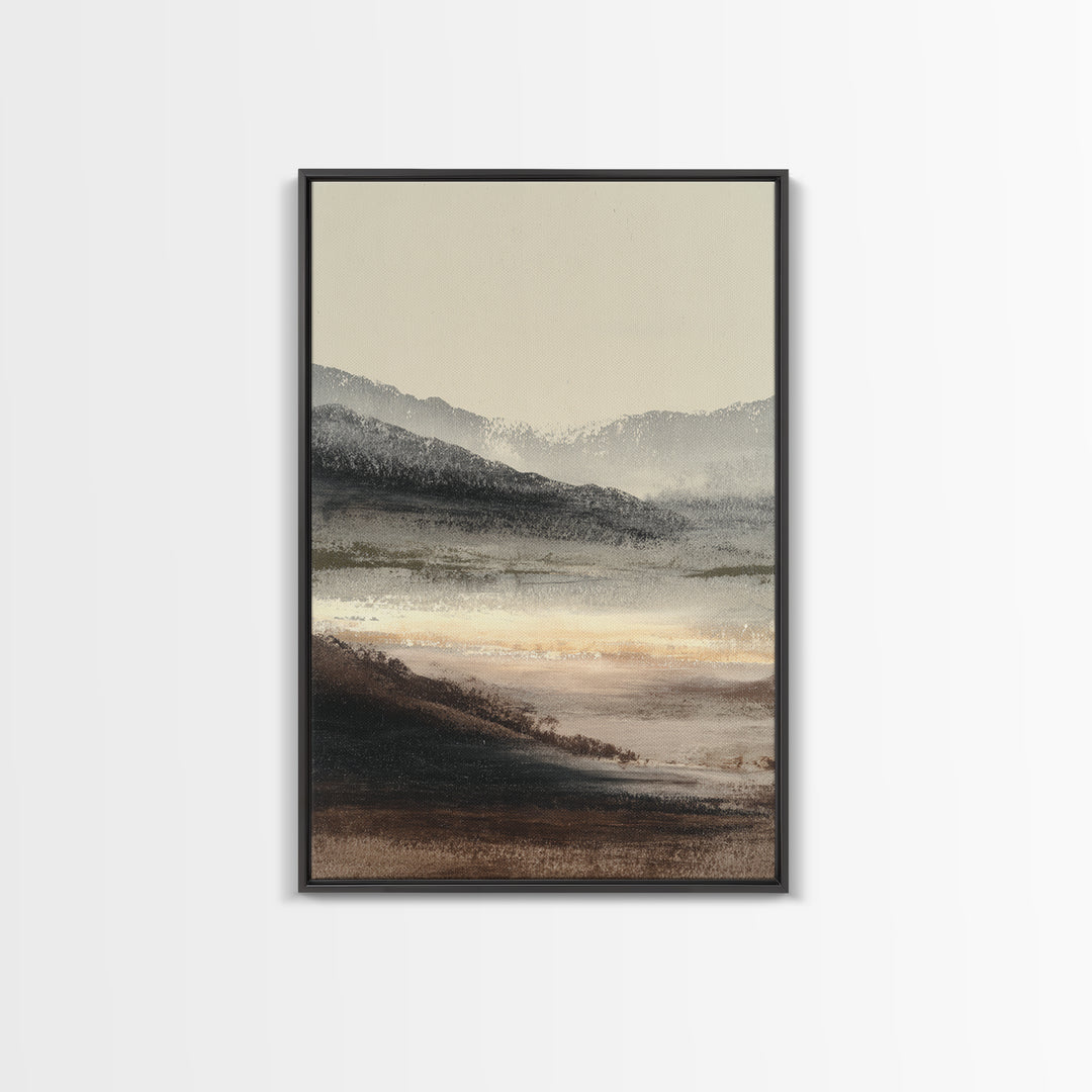 Charcoal Mountain Landscape Framed Canvas Print, Monochrome Art, Minimalist Decor, Living Room Decor, Fine Art, Mono, MON-2x3-12