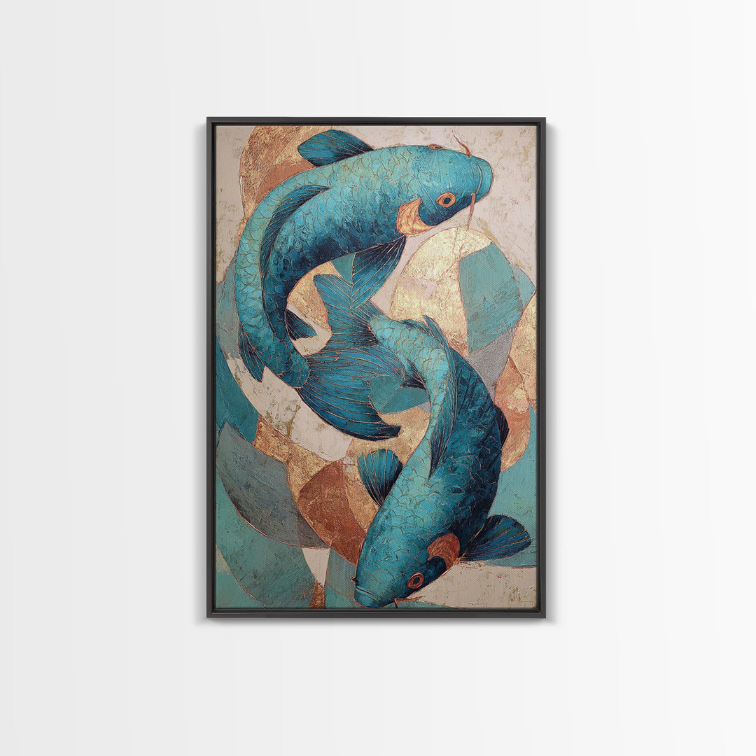 Teal Koi Fish on Tonal Water Framed Canvas Print, Monochrome Art, Wall Art, Living Room Decor, Fine Art, Mono, Abstract Art, MON-2x3-25