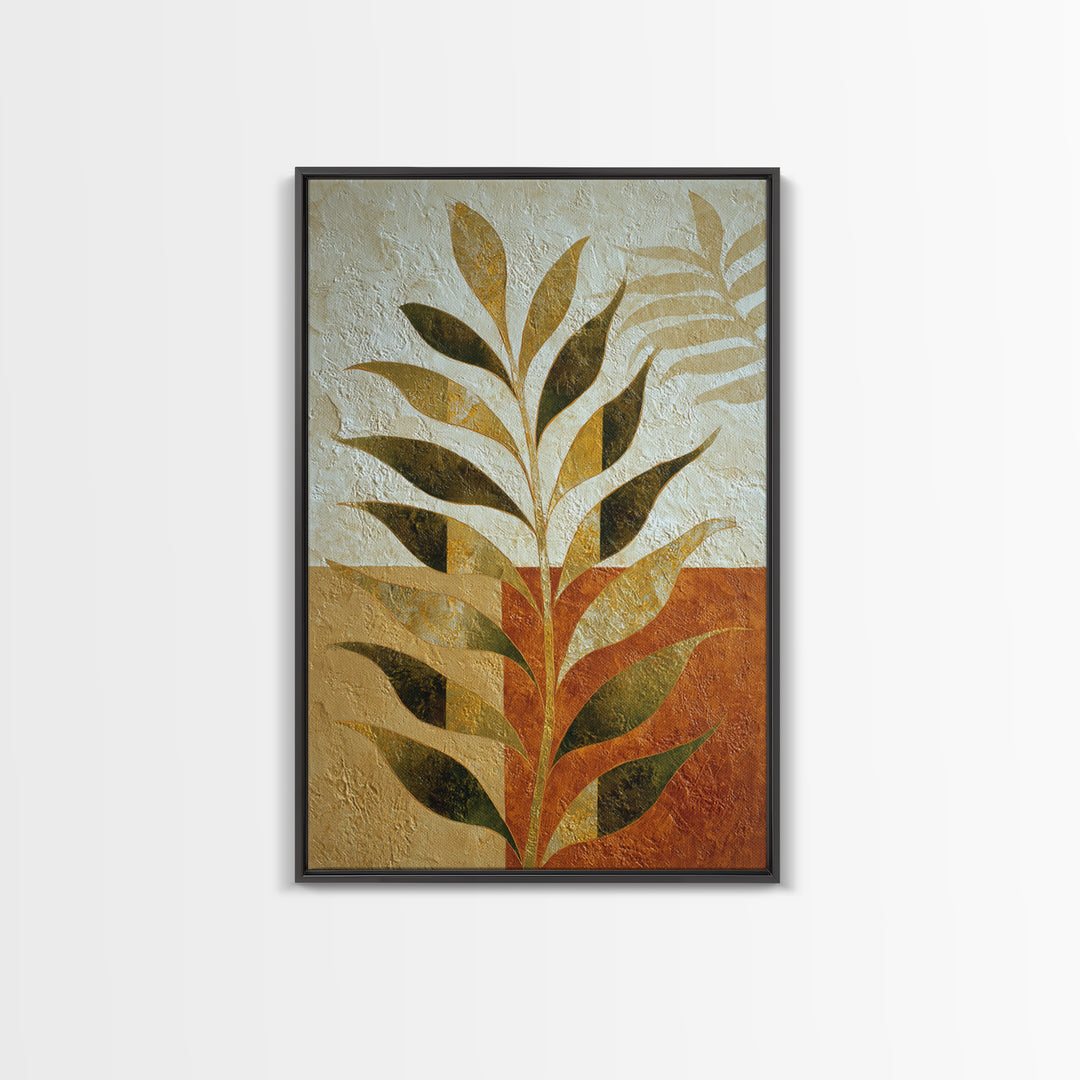 Olive Green Abstract Leaf Pattern Framed Canvas Print, Monochrome Art, Bedroom Decor, Living Room Decor, Oil Painting, Mono, MON-2x3-28