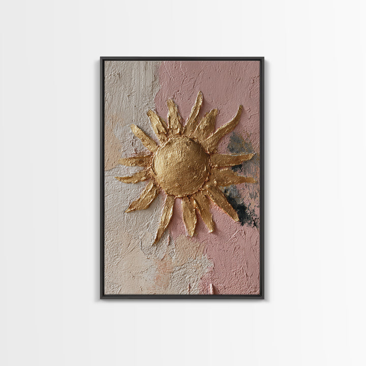 Gold Tonal Sunburst Medallion Framed Canvas Print, Monochrome Art, Textured Painting, Living Room Decor, Fine Art, Mono, MON-2x3-46