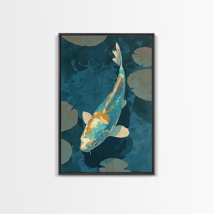 Teal Koi Fish on Tonal Water Framed Canvas Print, Monochrome Art, Original Art, Living Room Decor, Fine Art, Mono, Bird Art, MON-2x3-73