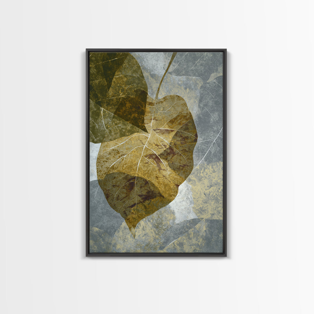 Olive Green Abstract Leaf Pattern Framed Canvas Print, Monochrome Art, Digital Print, Living Room Decor, Fine Art, Mono, MON-2x3-76