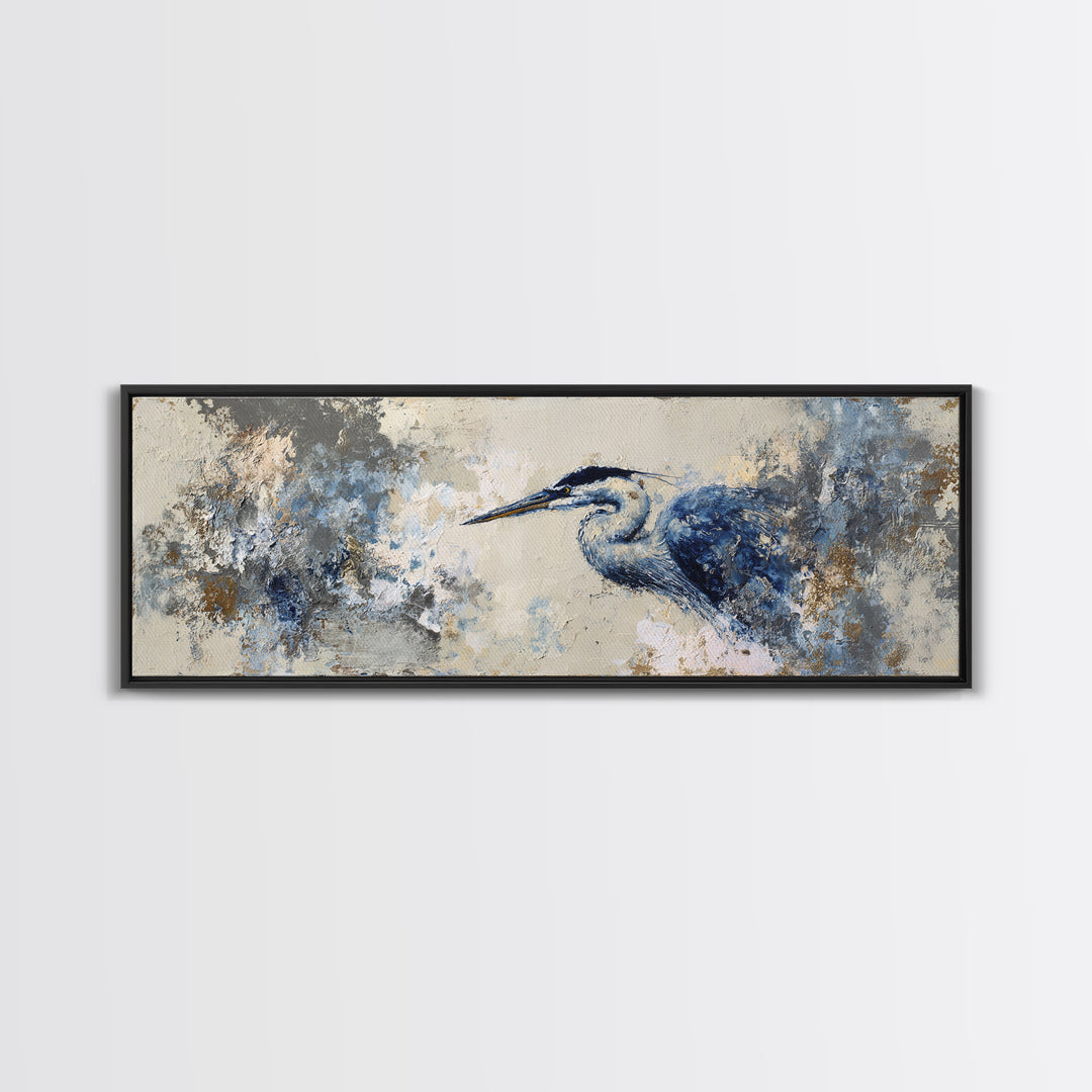 Blue Heron in Monochrome Navy Palette Canvas Print, Monochrome Art, Wallpaper Mural, Living Room Decor, Fine Art, Mono, MON-3x1-24