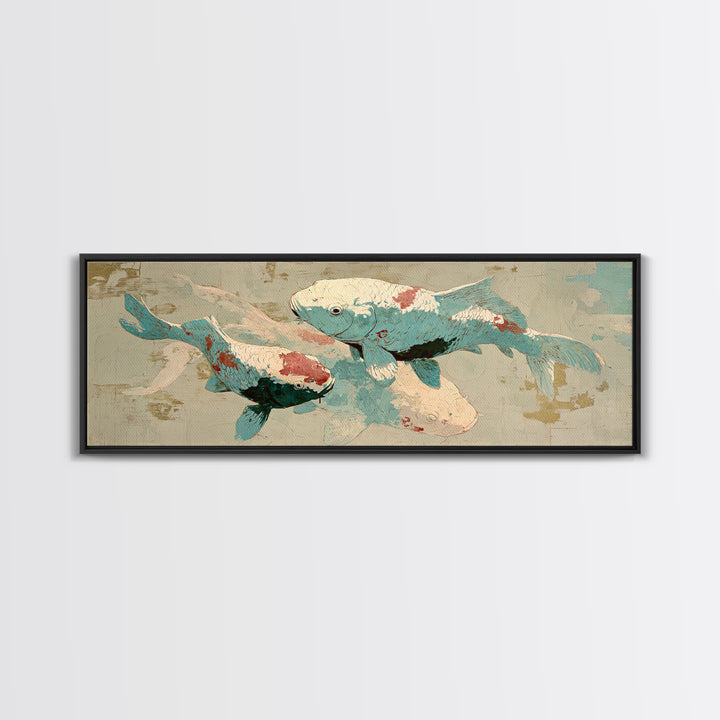 Teal Koi Fish on Tonal Water Canvas Print, Monochrome Art, Digital Print, Living Room Decor, Fine Art, Mono, Modern Art, MON-3x1-33