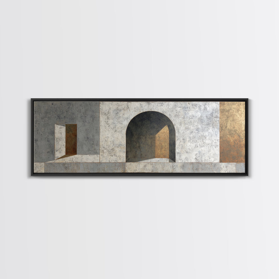 Gray Architectural Arch and Shadow Study Canvas Print, Monochrome Art, Large Wall Art, Living Room Decor, Watercolor Art, Mono, MON-3x1-50