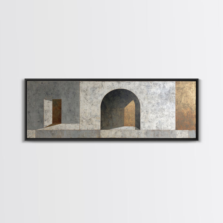 Gray Architectural Arch and Shadow Study Canvas Print, Monochrome Art, Large Wall Art, Living Room Decor, Watercolor Art, Mono, MON-3x1-50