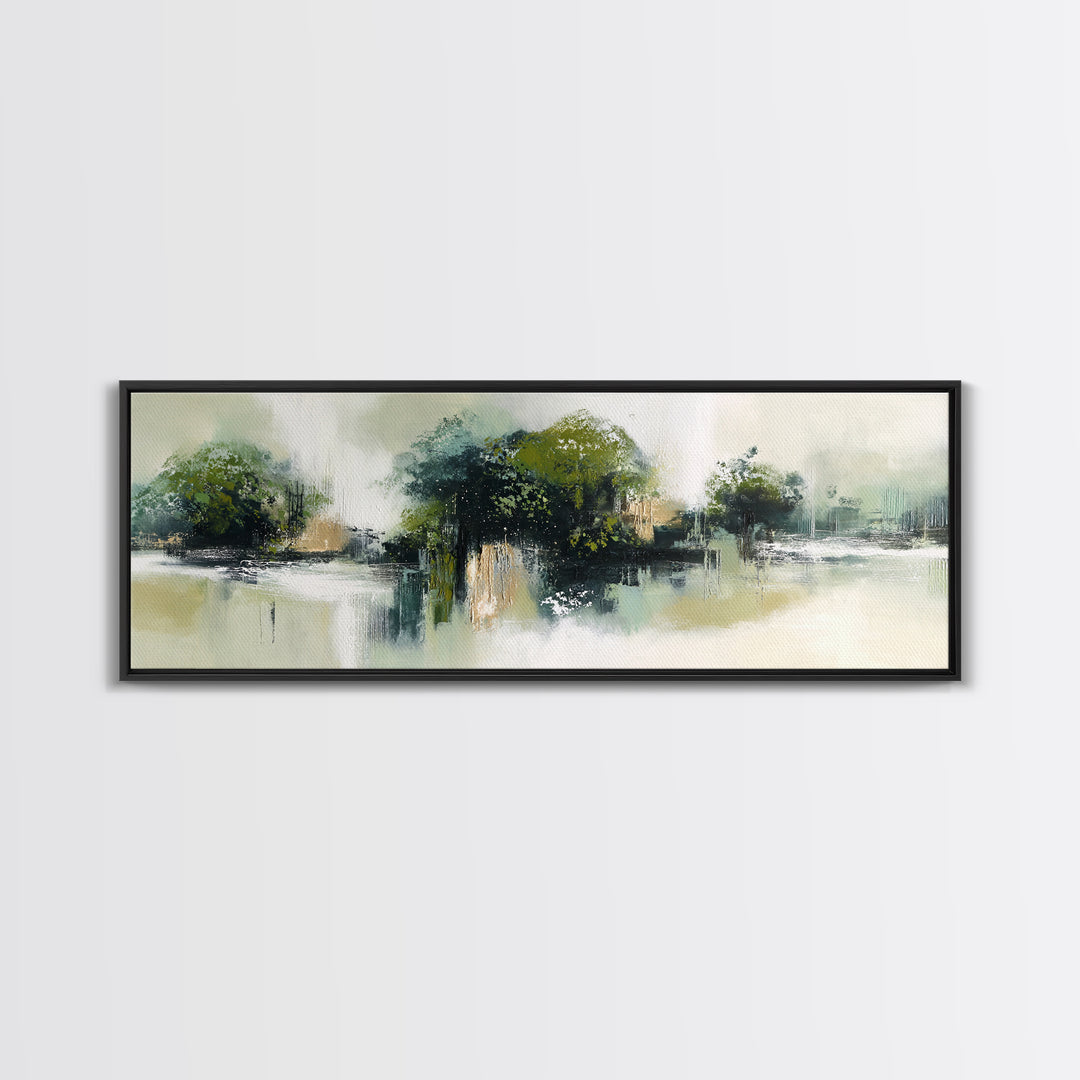 Deep Green Forest Silhouette Study Framed Canvas Print, Monochrome Art, Boho Wall Art, Living Room Decor, Oil Painting, Mono, MON-3x1-77