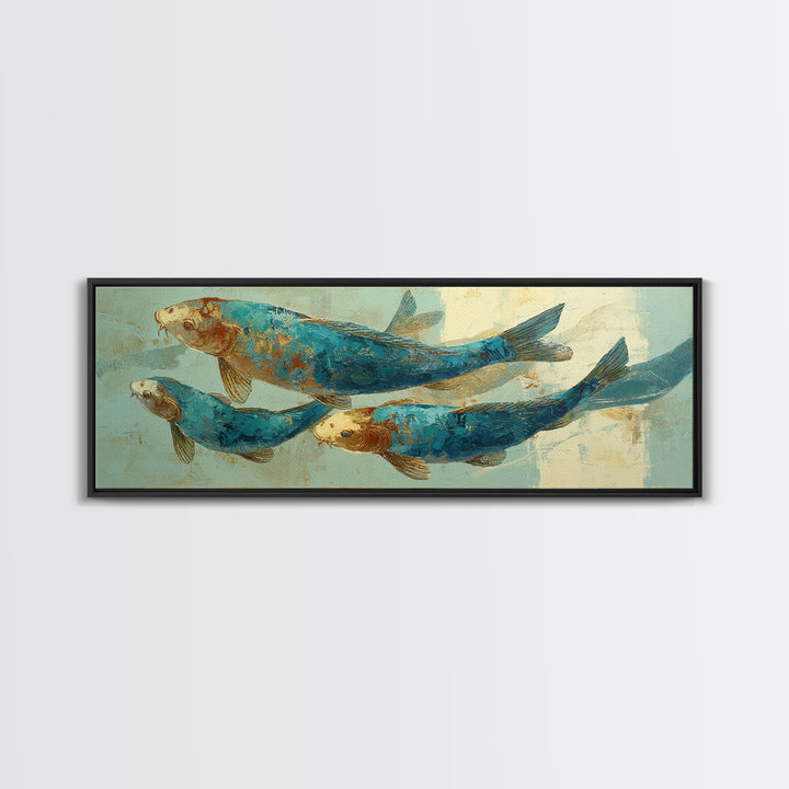 Teal Koi Fish on Tonal Water Framed Canvas Print, Monochrome Art, Dopamine Decor, Living Room Decor, Mono, Modern Decor, MON-3x1-81